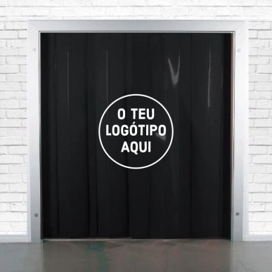 Cortina de tiras de PVC preto opaco com logótipo