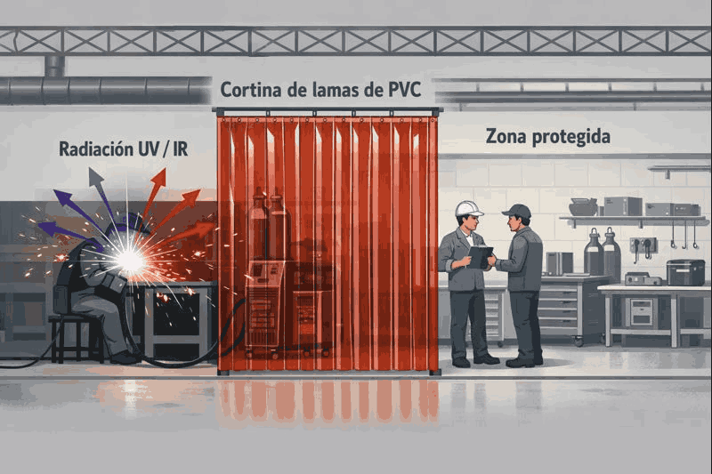 Infografia sobre os riscos da soldadura e a proteção com cortinas de tiras de PVC